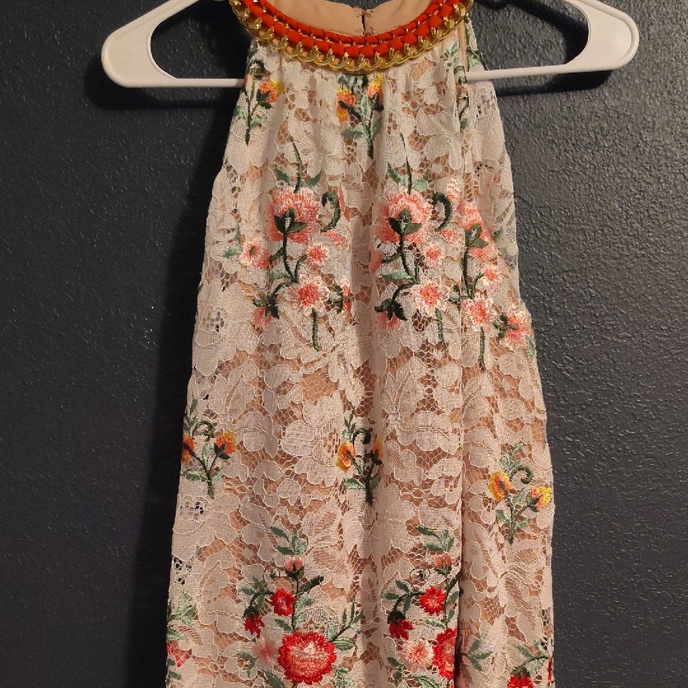 Badgley Mischka Floral Lace Formal Elegant Dress - Cream and Red
